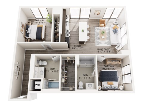 Floor plan for 2 beds, 2 baths, 1082 sqft