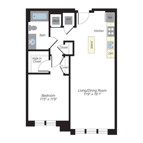 Floor plan for 1 bed, 1 bath, 720 sqft