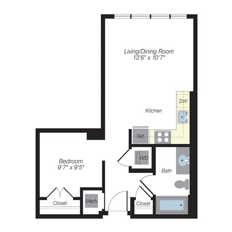 Floor plan for studio, 1 bath, 537 sqft