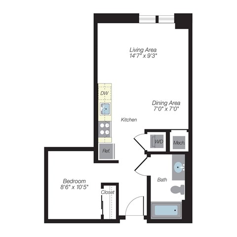 Floor plan for studio, 1 bath, 554 sqft