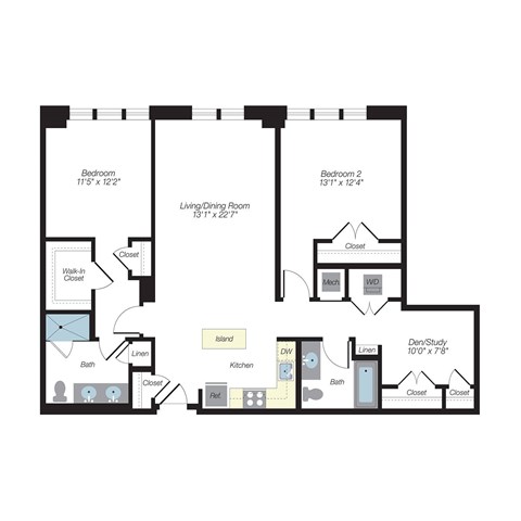 Floor plan for 2 beds, 2 baths, 1284 sqft
