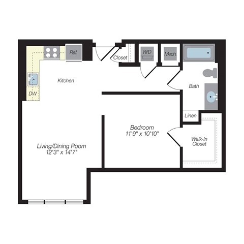 Floor plan for studio, 1 bath, 644 sqft