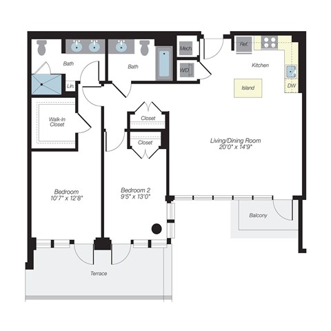 Floor plan for 2 beds, 2 baths, 1117 sqft