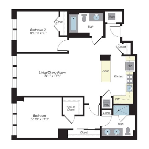 Floor plan for 2 beds, 2 baths, 1178 sqft
