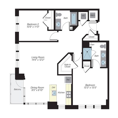 Floor plan for 2 beds, 2 baths, 1144 sqft