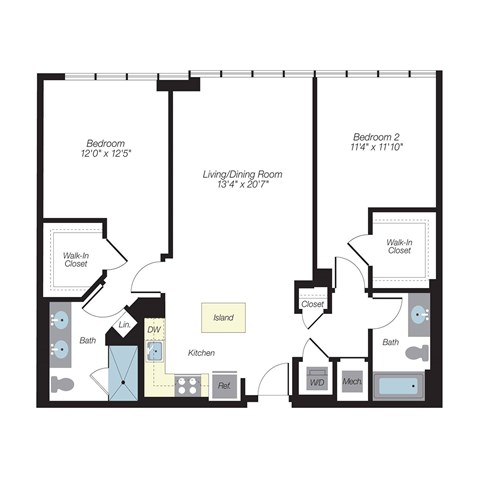 Floor plan for 2 beds, 2 baths, 1179 sqft