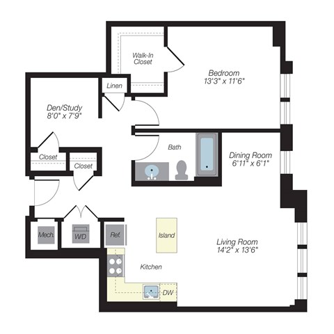 Floor plan for 1 bed, 1 bath, 888 sqft