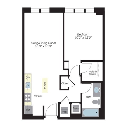 Floor plan for 1 bed, 1 bath, 747 sqft