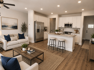 Richmond Hill apartment for rent - A modern kitchen with a bar stool and a refrigerator.