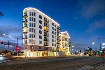 Inglewood apartment for rent - A street view of a building with the name "HUDSON" on it.