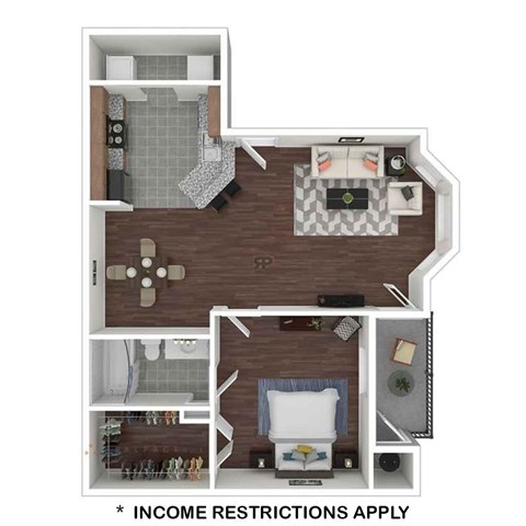 Floor plan for 1 bed, 1 bath, 676 sqft