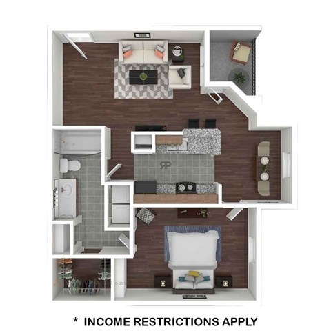 Floor plan for 1 bed, 1 bath, 755 sqft