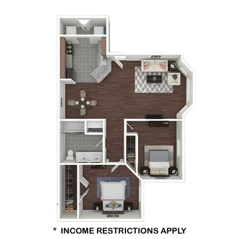 Floor plan for 2 beds, 1 bath, 826 sqft