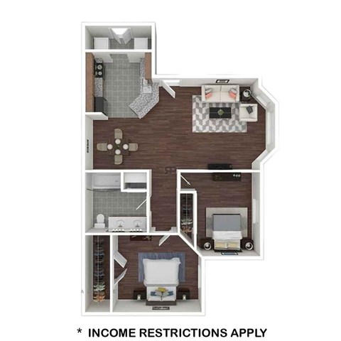 Floor plan for 2 beds, 1 bath, 845 sqft