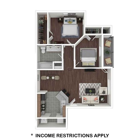 Floor plan for 2 beds, 1 bath, 845 sqft