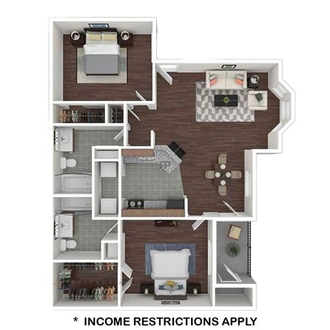Floor plan for 2 beds, 2 baths, 933 sqft
