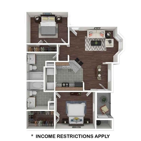 Floor plan for 2 beds, 2 baths, 951 sqft