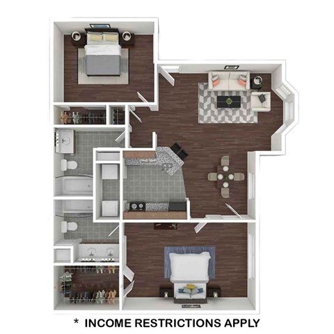 Floor plan for 2 beds, 2 baths, 977 sqft