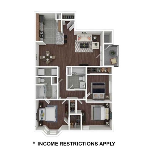 Floor plan for 3 beds, 2 baths, 1164 sqft