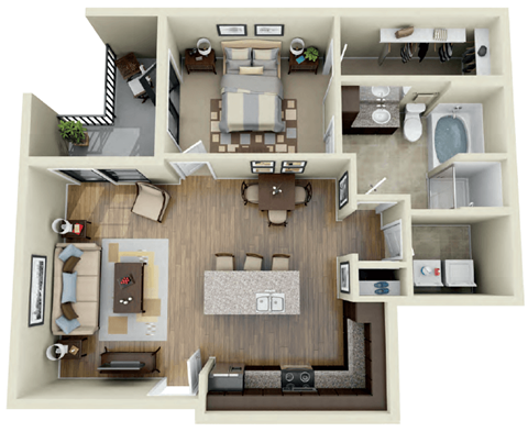 Floor plan for 1 bed, 1 bath, 845 sqft