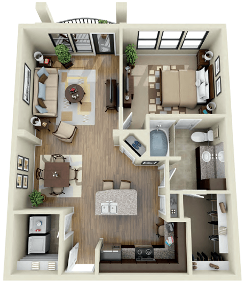 Floor plan for 1 bed, 1 bath, 851 sqft
