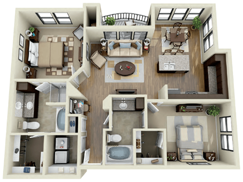 Floor plan for 2 beds, 2 baths, 1125 sqft