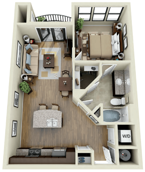 Floor plan for 1 bed, 1 bath, 683 sqft