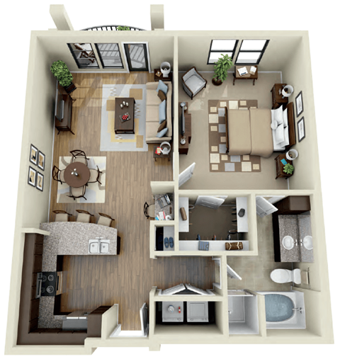 Floor plan for 1 bed, 1 bath, 895 sqft