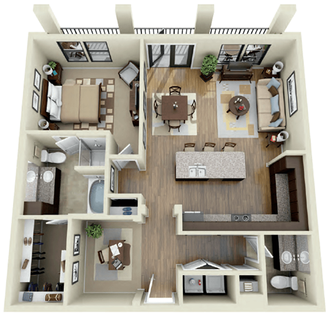 Floor plan for 1 bed, 1.5 baths, 1050 sqft