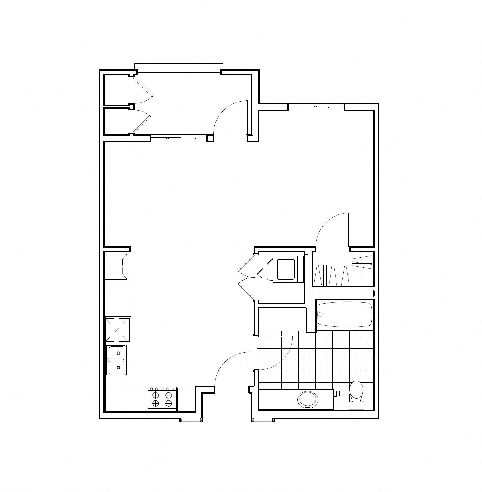 Floor plan for studio, 1 bath, 628 sqft