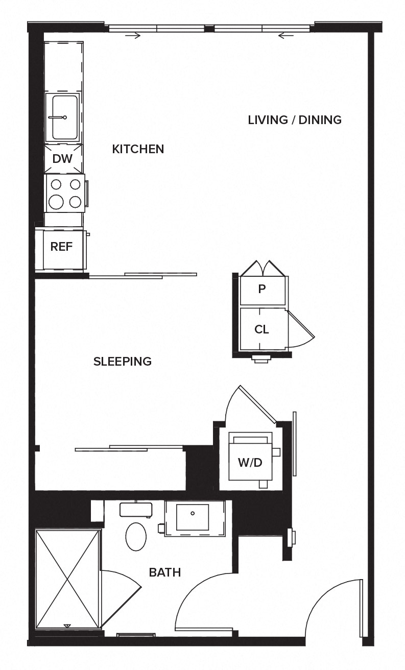 Floor plan for studio, 1 bath, 590 sqft