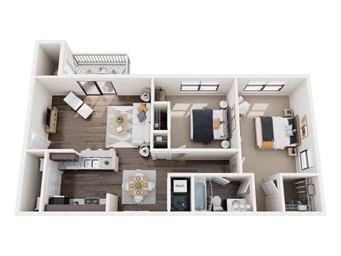 Floor plan for 2 beds, 1 bath, 862 sqft