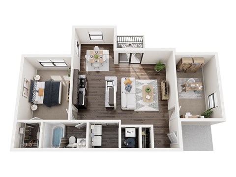 Floor plan for 1 bed, 1 bath, 832 sqft