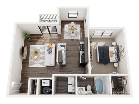 Floor plan for 1 bed, 1 bath, 703 sqft