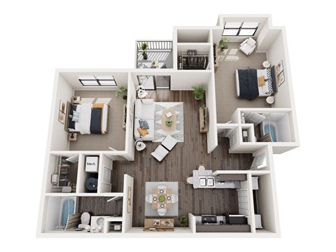 Floor plan for 2 beds, 2 baths, 934 sqft