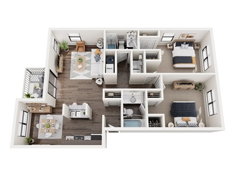 Floor plan for 2 beds, 2 baths, 1048 sqft