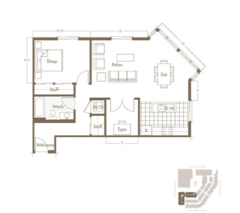 Floor plan for 1 bed, 1 bath, 875 sqft