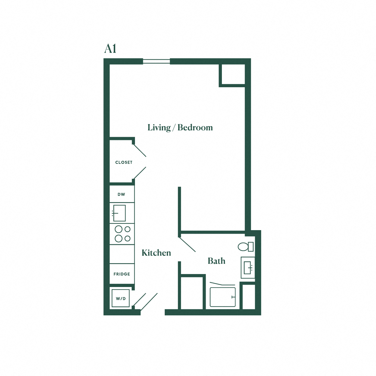 Floor plan for studio, 1 bath, 505 sqft