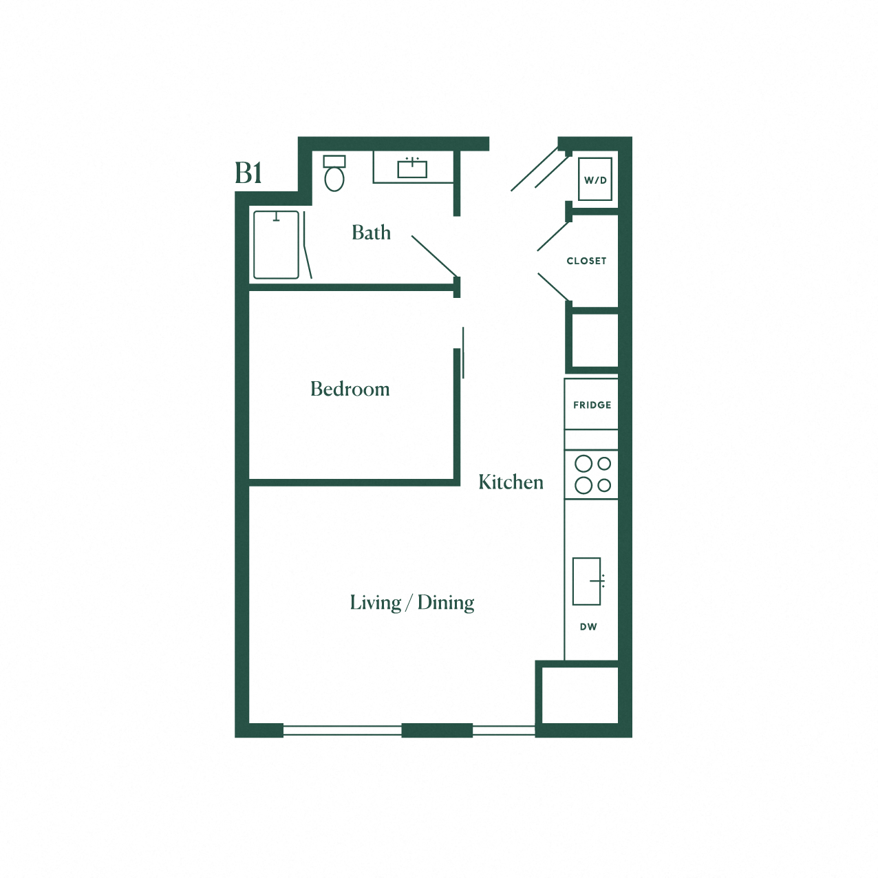 Floor plan for 1 bed, 1 bath, 603 sqft