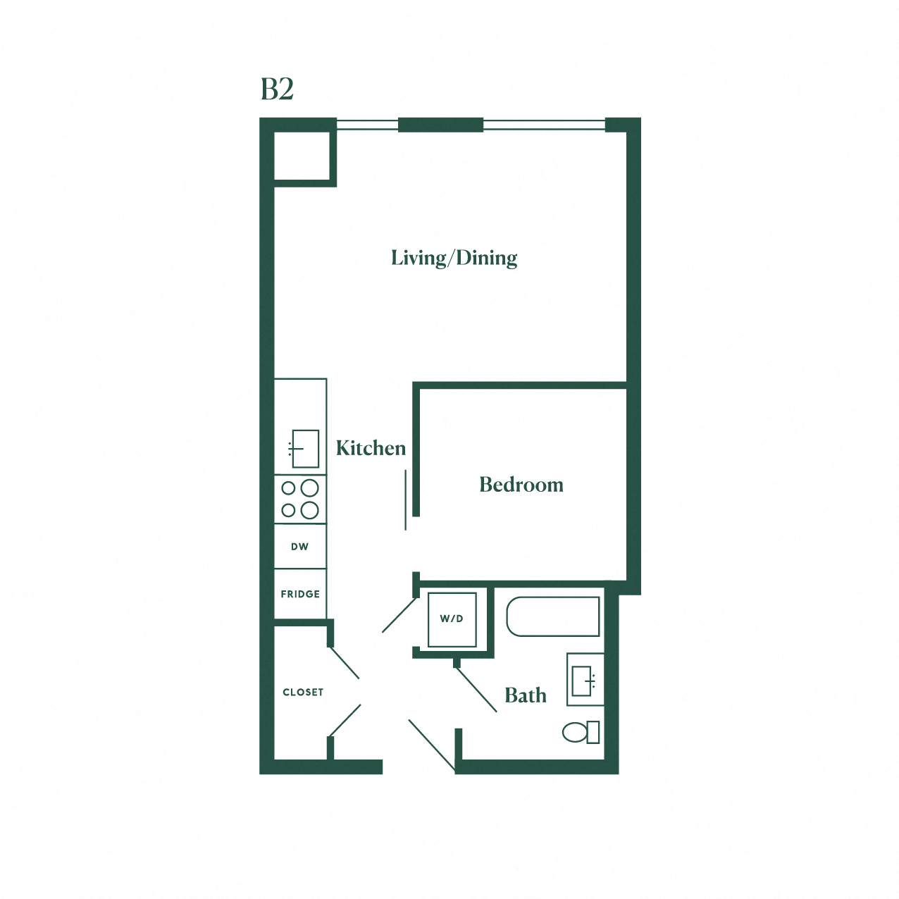 Floor plan for 1 bed, 1 bath, 559 sqft