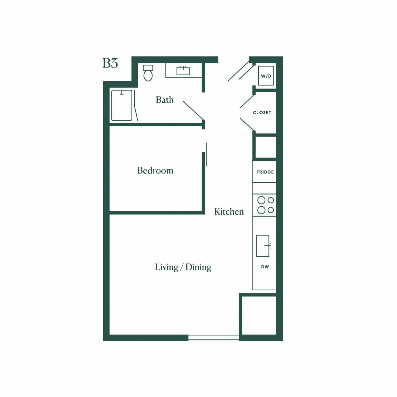 Floor plan for 1 bed, 1 bath, 624 sqft