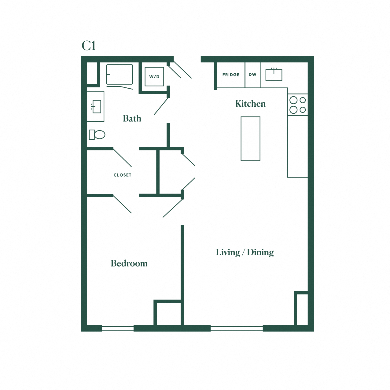 Floor plan for 1 bed, 1 bath, 760 sqft