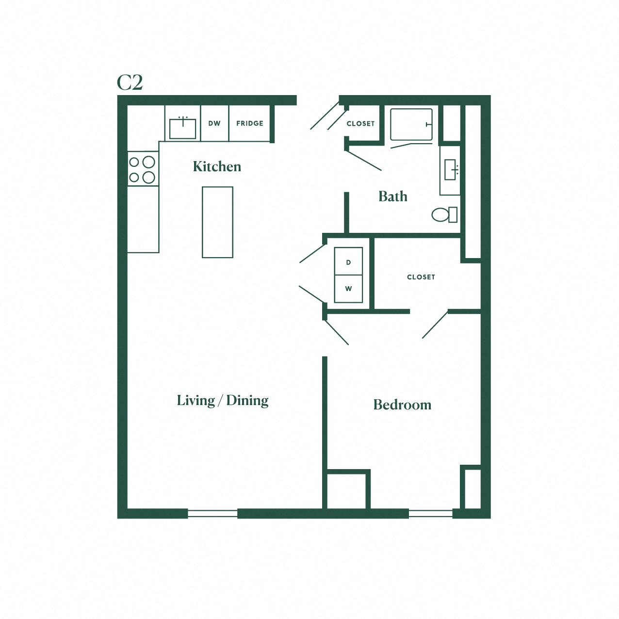 Floor plan for 1 bed, 1 bath, 800 sqft