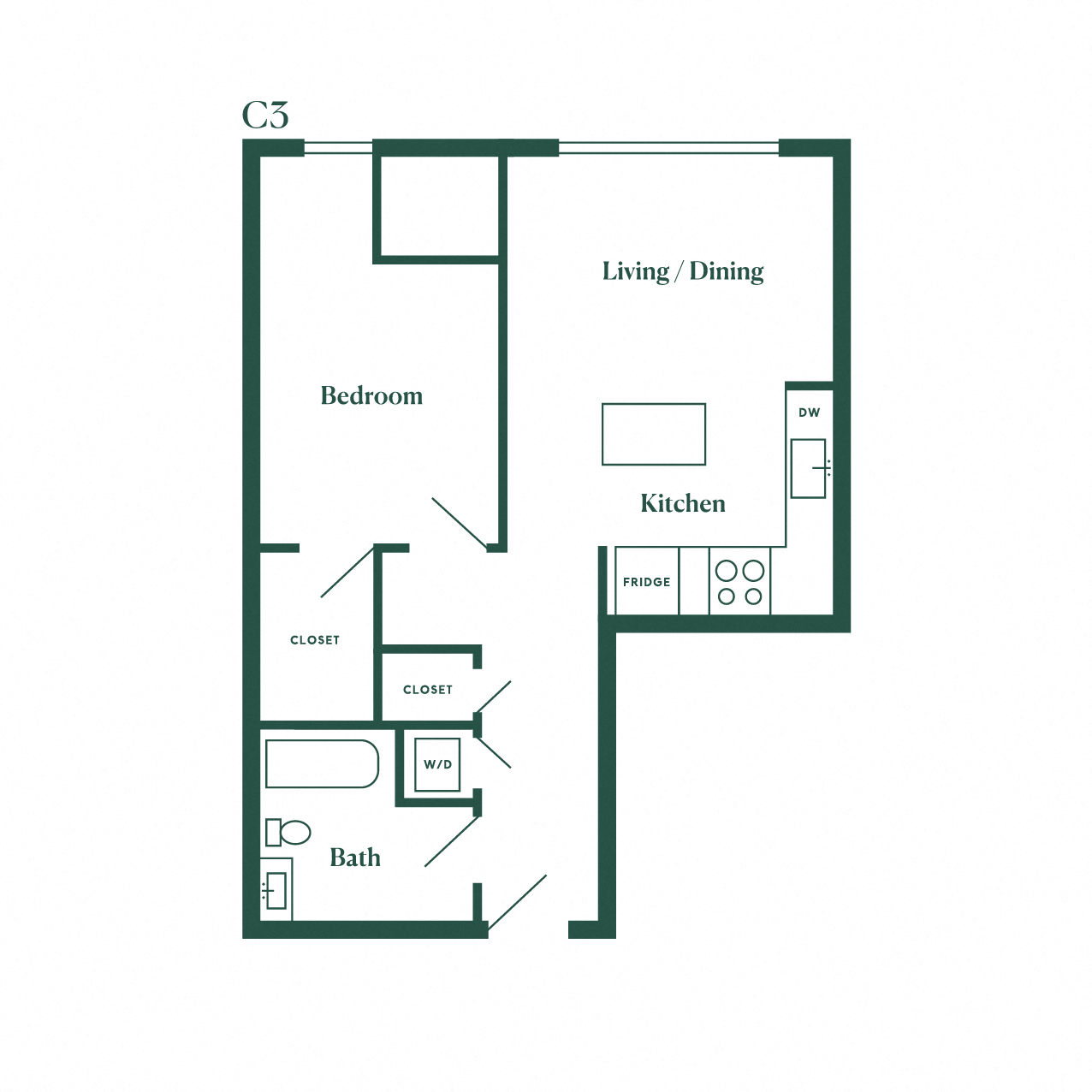 Floor plan for 1 bed, 1 bath, 674 sqft