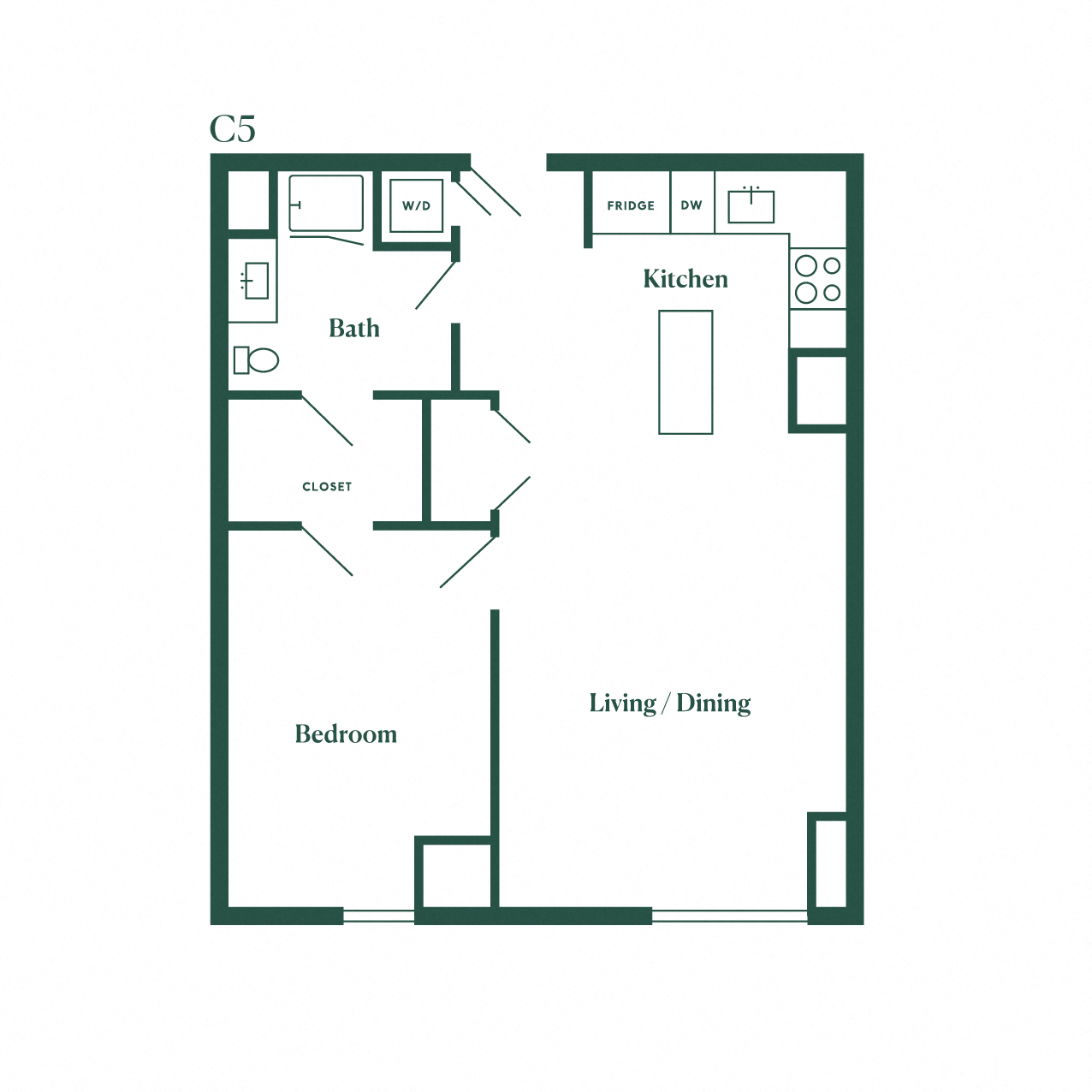 Floor plan for 1 bed, 1 bath, 853 sqft