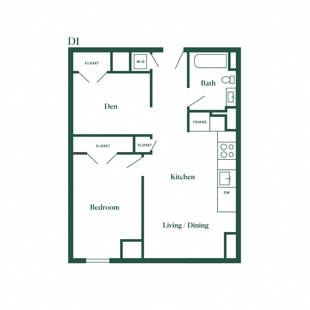 Floor plan for 1 bed, 1 bath, 746 sqft