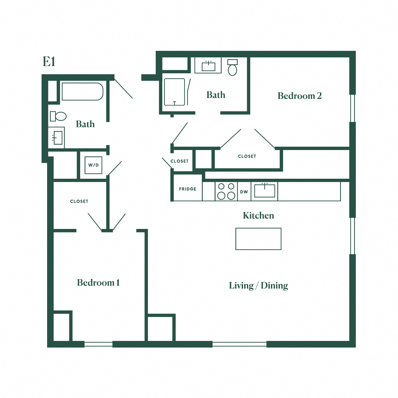 Floor plan for 2 beds, 2 baths, 1082 sqft