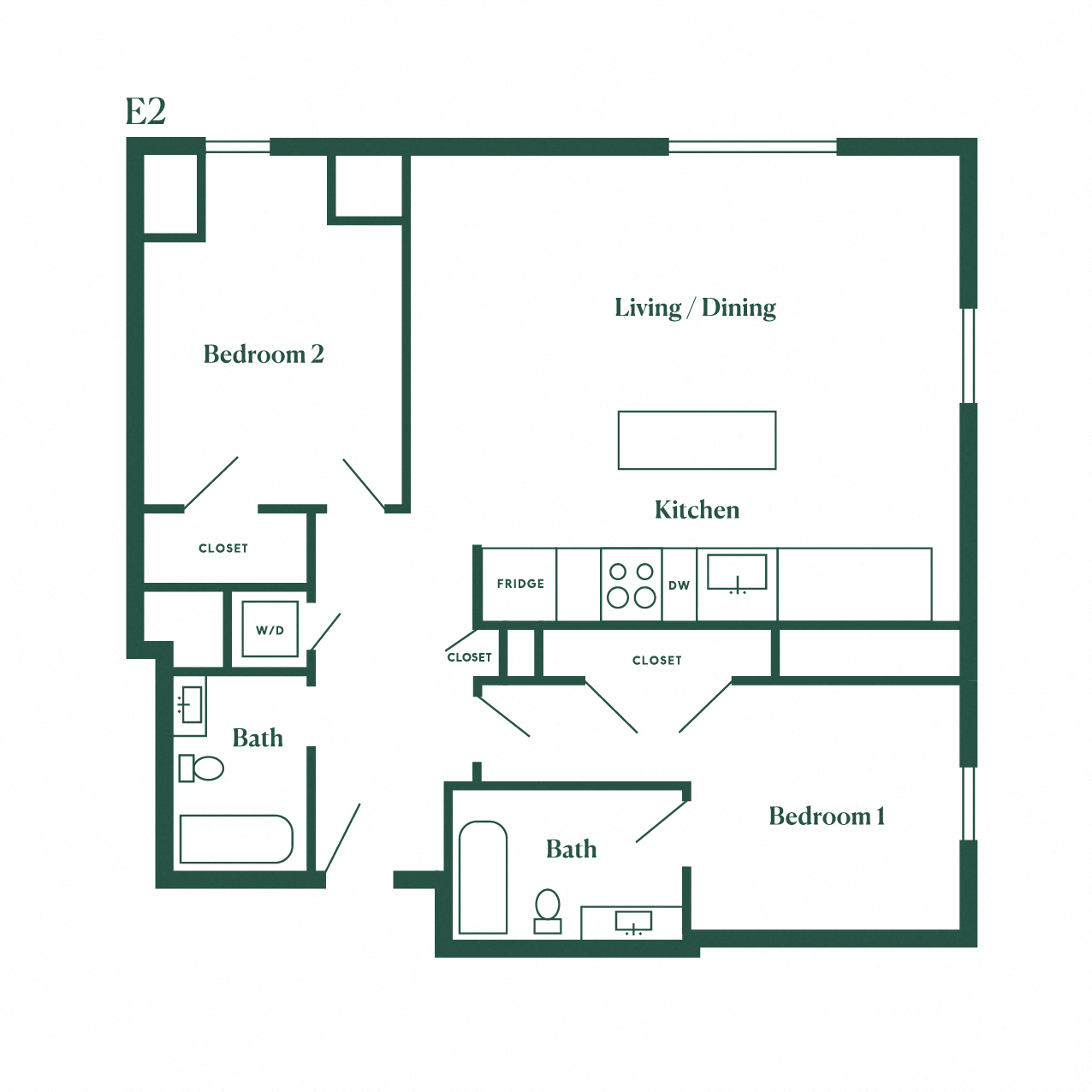 Floor plan for 2 beds, 2 baths, 1070 sqft