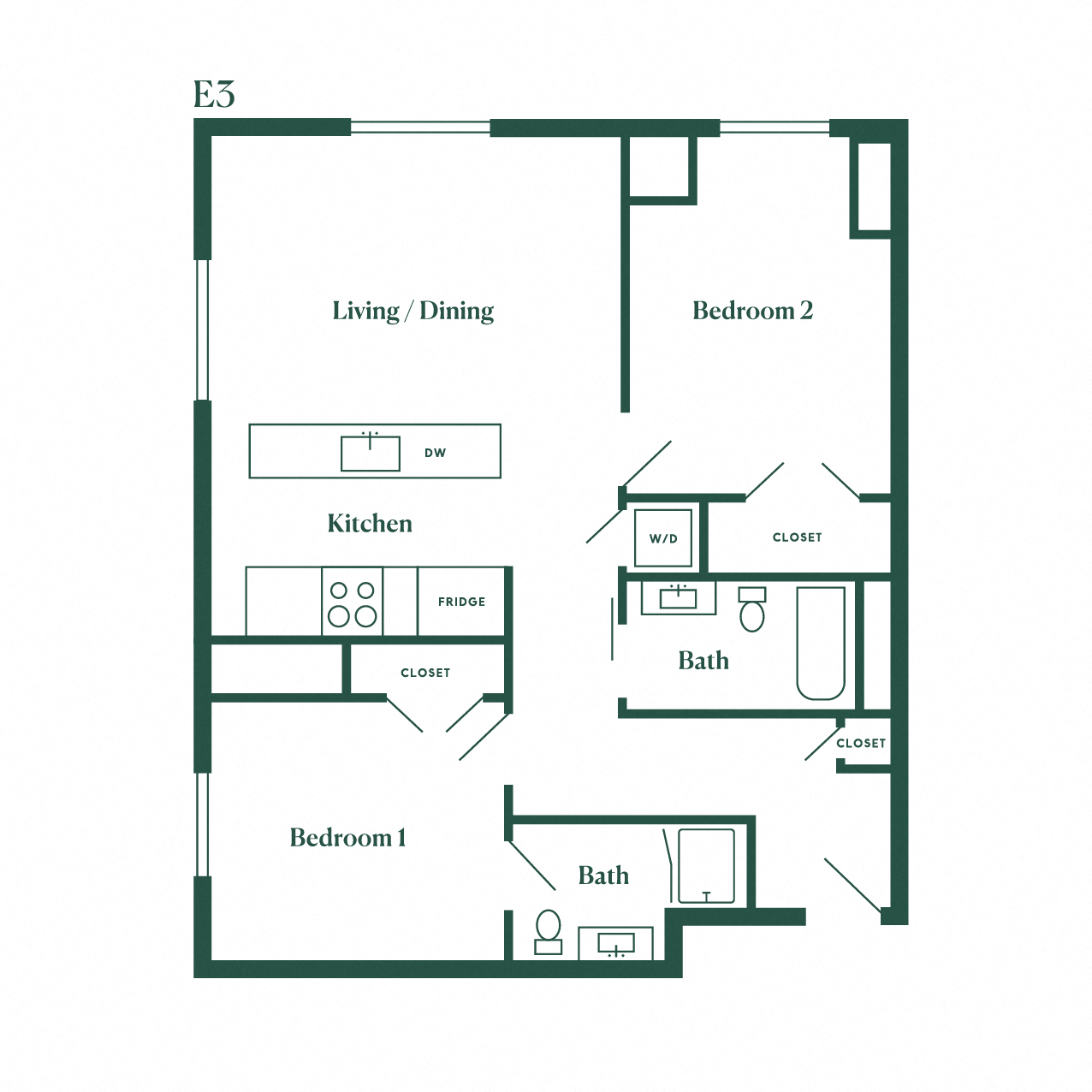 Floor plan for 2 beds, 2 baths, 1013 sqft