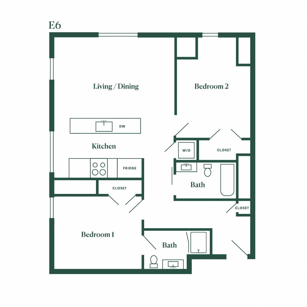 Floor plan for 2 beds, 2 baths, 1039 sqft